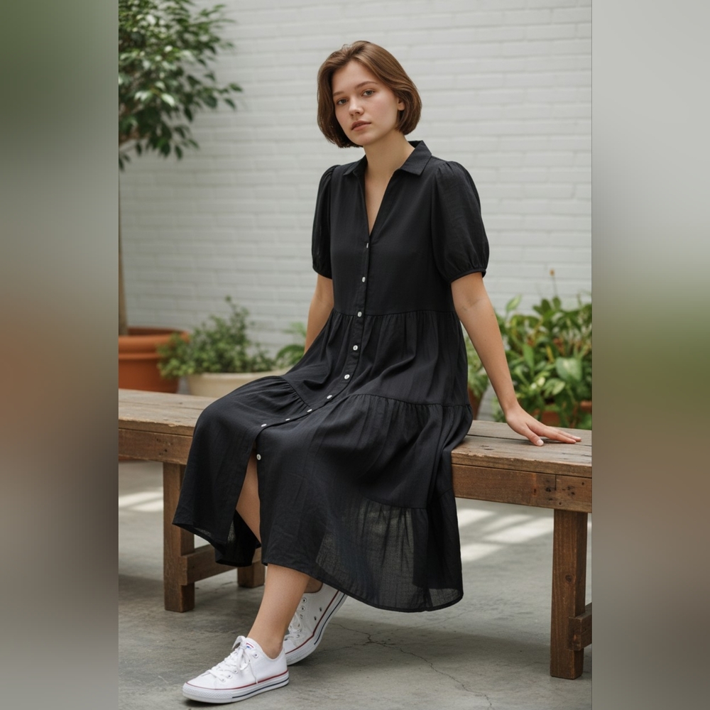 HYFVE Black Button-Front Puff Sleeve Midi Dress.   B32